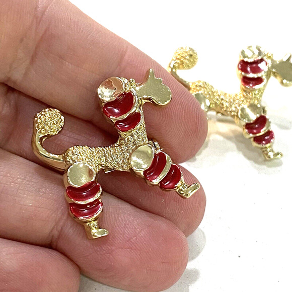 Mid Century Poodle Scatter Pins Pair Goldtone & Red Enamel Doggie Puppy Brooches - Picture 3 of 9